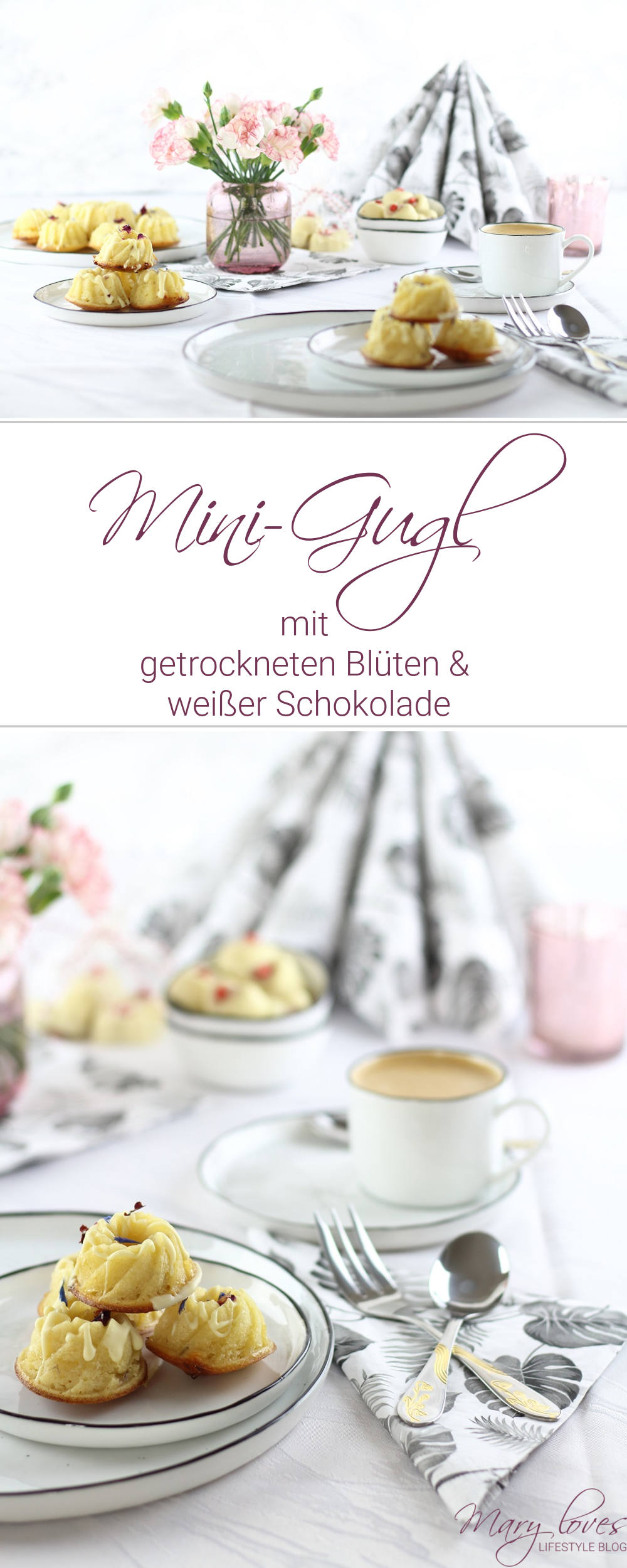 [Anzeige] Mini-Gugl mit getrockneten Blüten für den Muttertagstisch - #minigugl #muttertag #muttertagstisch #backrezept #kuchen #getrockneteblüten