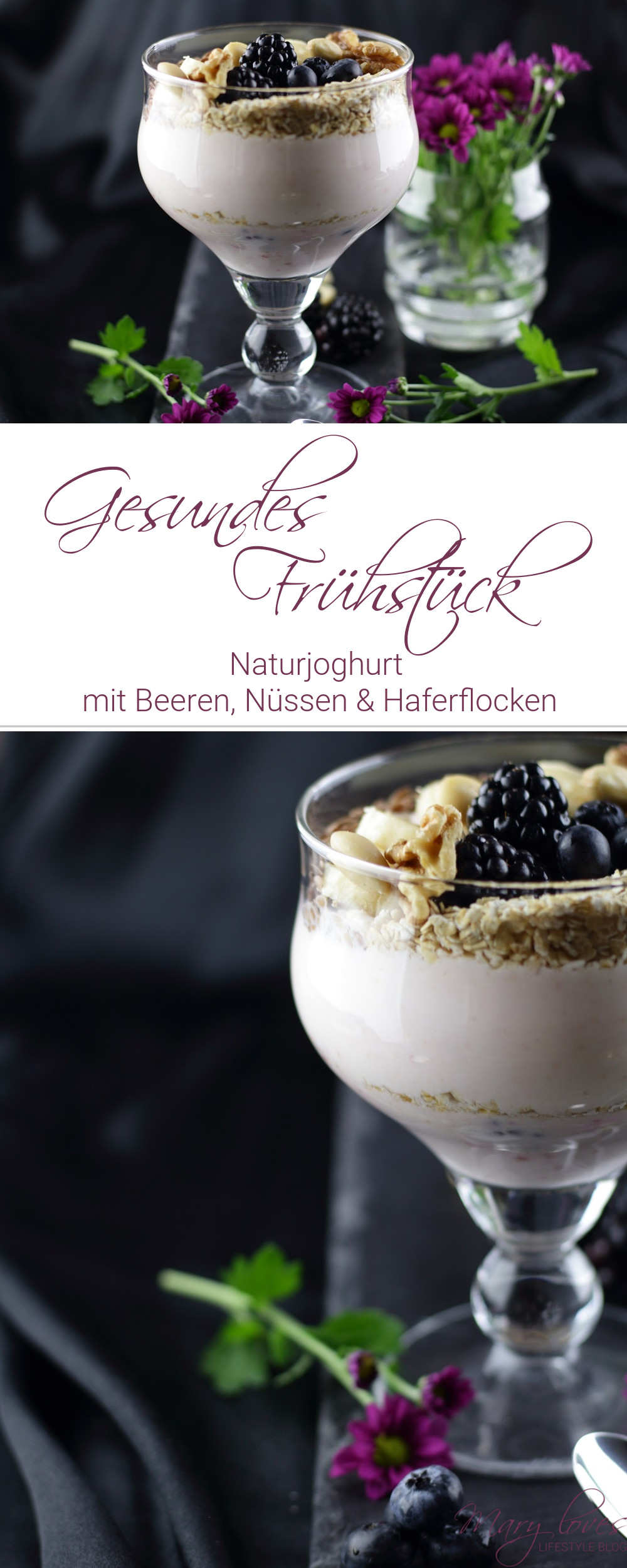 Gesundes Frühstück - Naturjoghurt mit Beeren und Topping voller Energie - #frühstück #naturjoghurt #joghurt #haferflocken #brombeeren #breakfast #heidelbeeren #leinsamen #nüsse #gesund