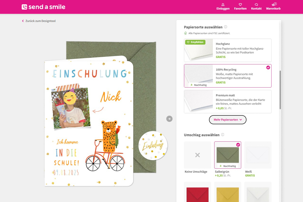 Einladungskarten bestellen bei Send a Smile mit Auswahl an verschiedenen Papiersorten - darunter auch nachhaltige Varianten